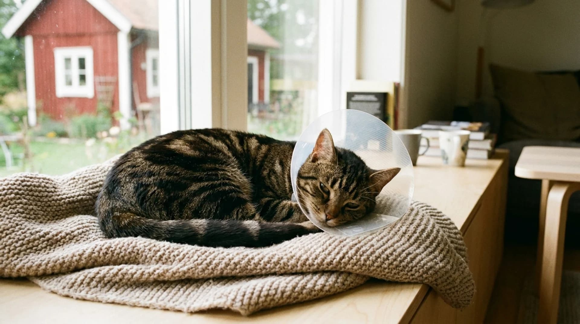 Kastration av katt — tabby med skyddskrage vilar hemma efter ingreppet