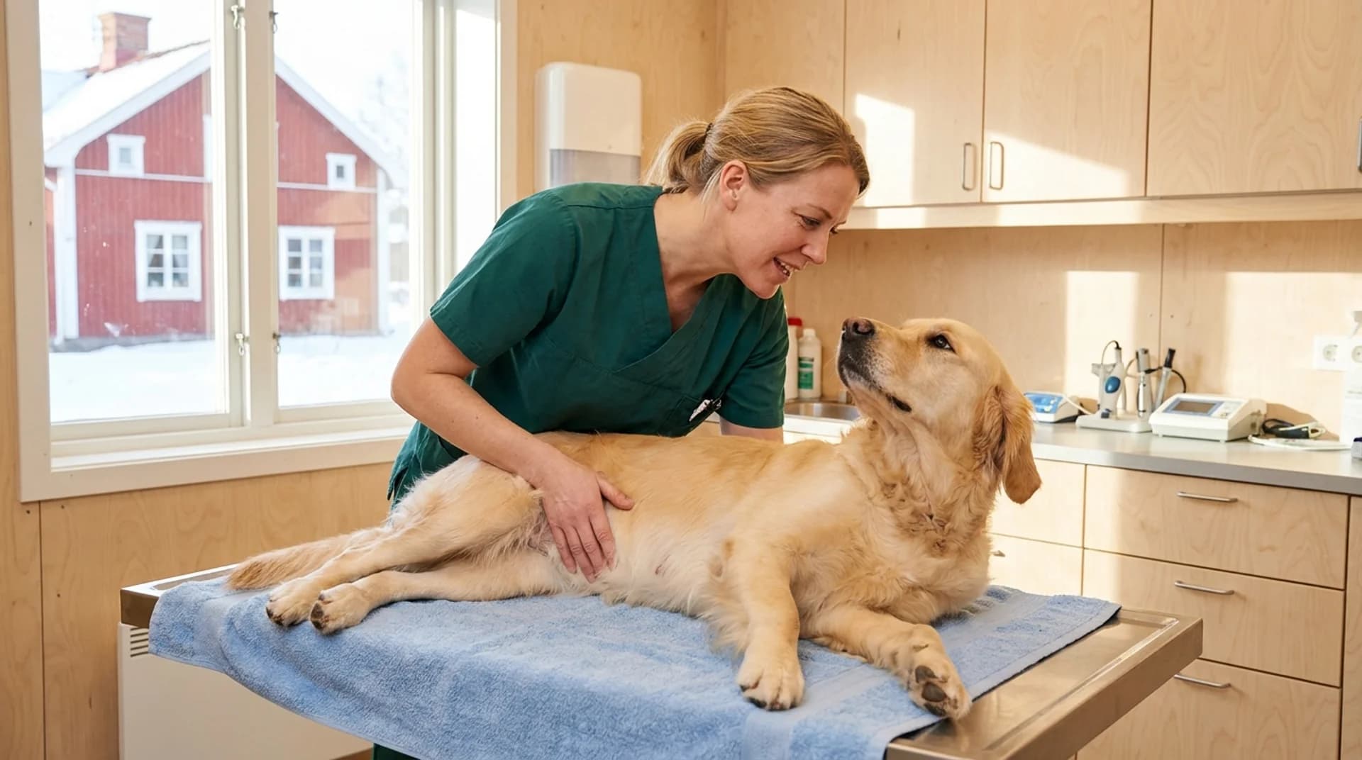 Kastration av hund — veterinär undersöker golden retriever på undersökningsbordet före ingreppet
