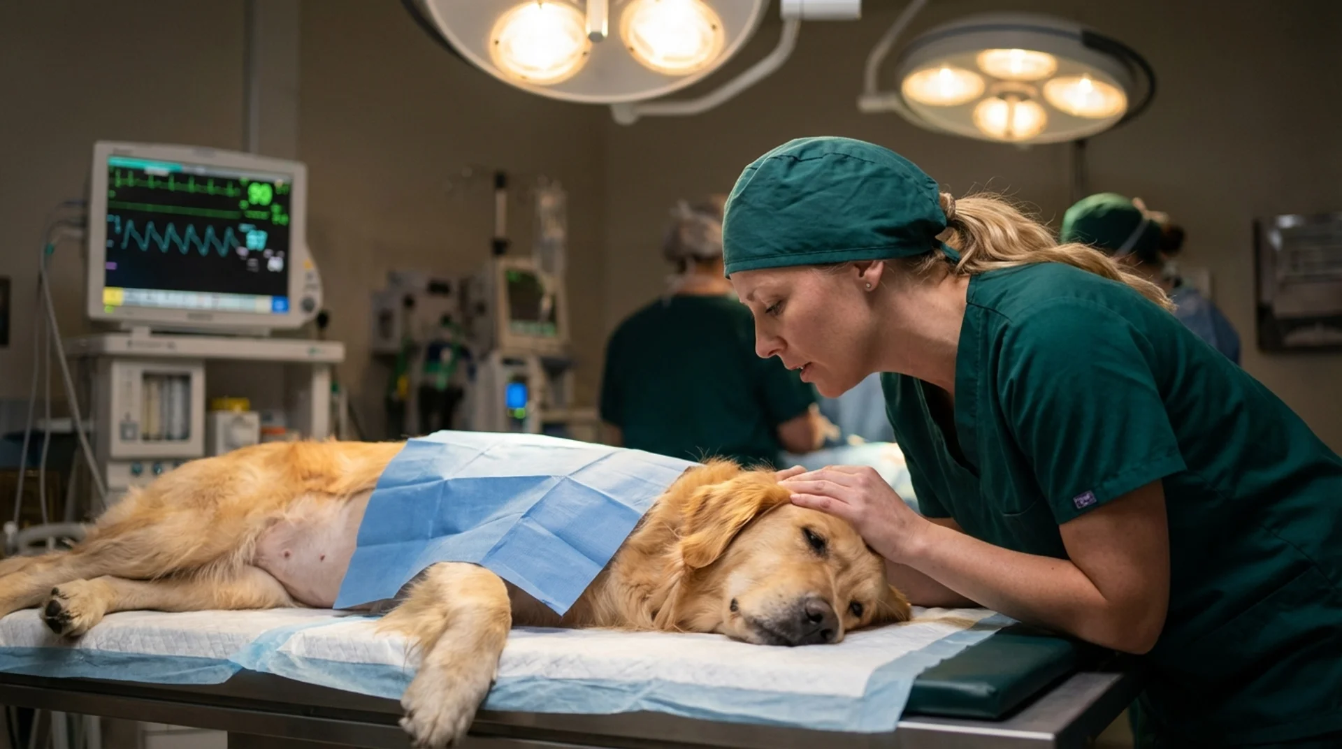 Golden retriever under narkos inför kastration med veterinär i tealfärgad skrubba