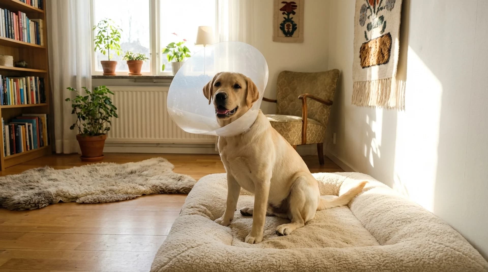 Labrador med skyddskrage vilar i ett svenskt hem efter kastration