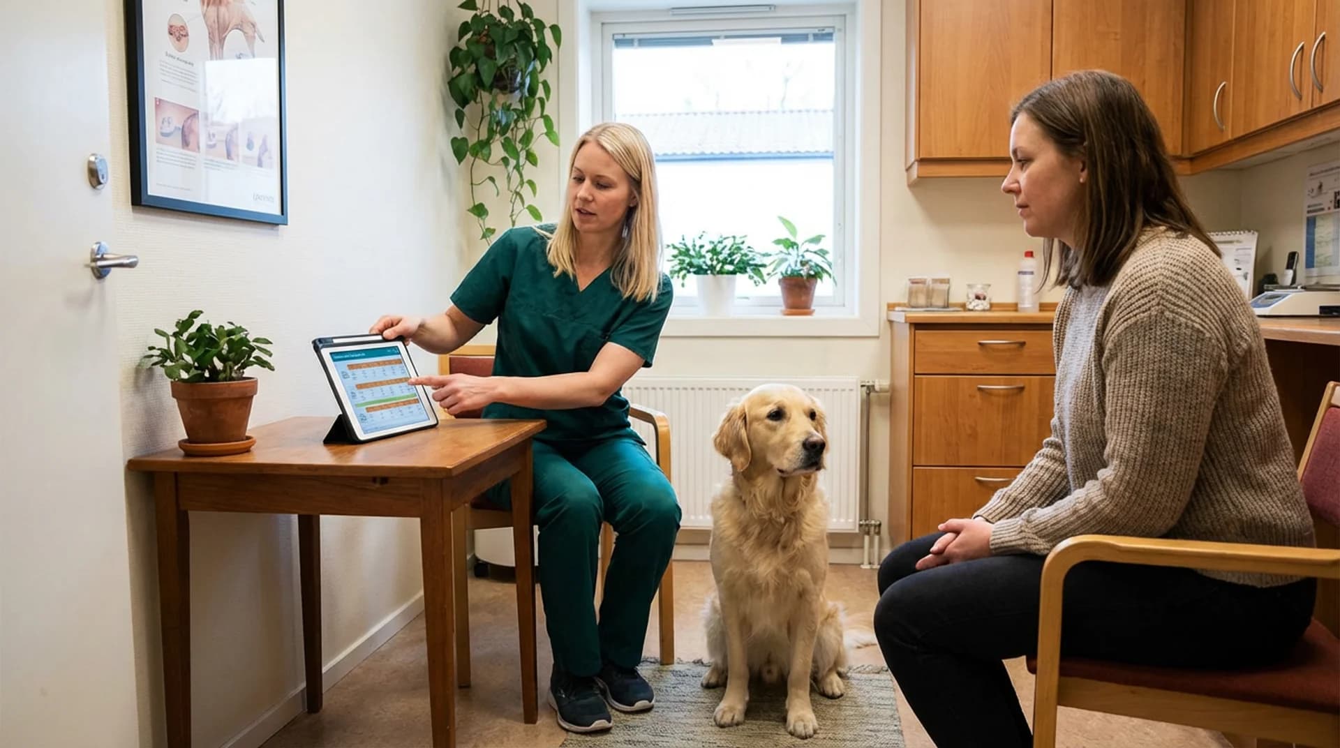 Veterinär i tealfärgad skrubba diskuterar kastration med hundägare på svensk klinik