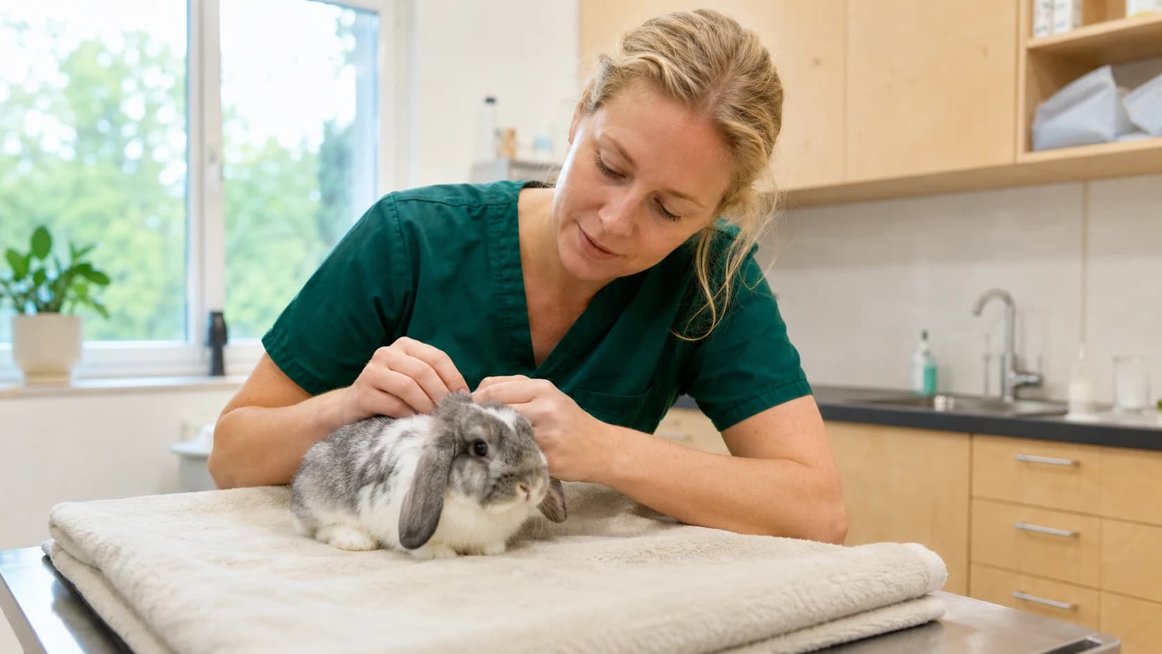 Veterinär undersöker grå-vit lop-örad dvärgkanin på undersökningsbord inför kastration