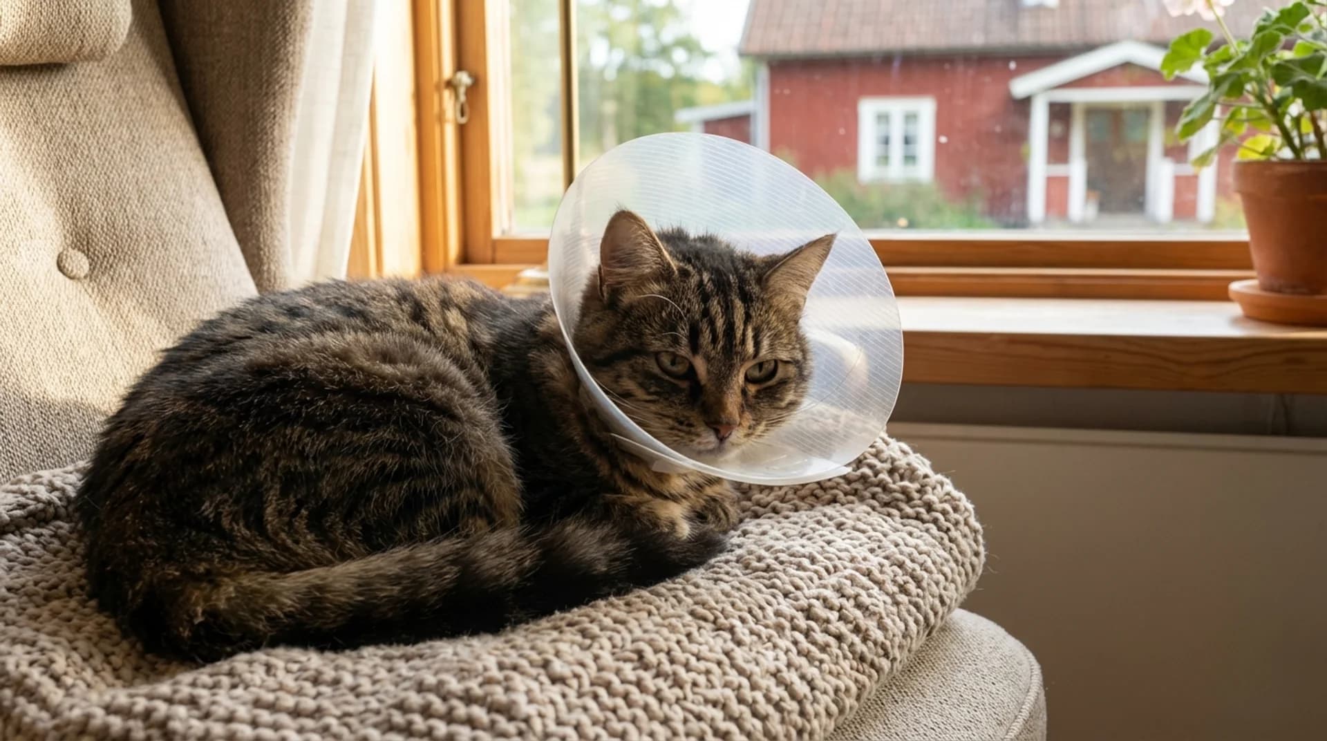 Kastration av katt — tabby med krage vilar fridfullt på stickad kudde hemma efter ingreppet