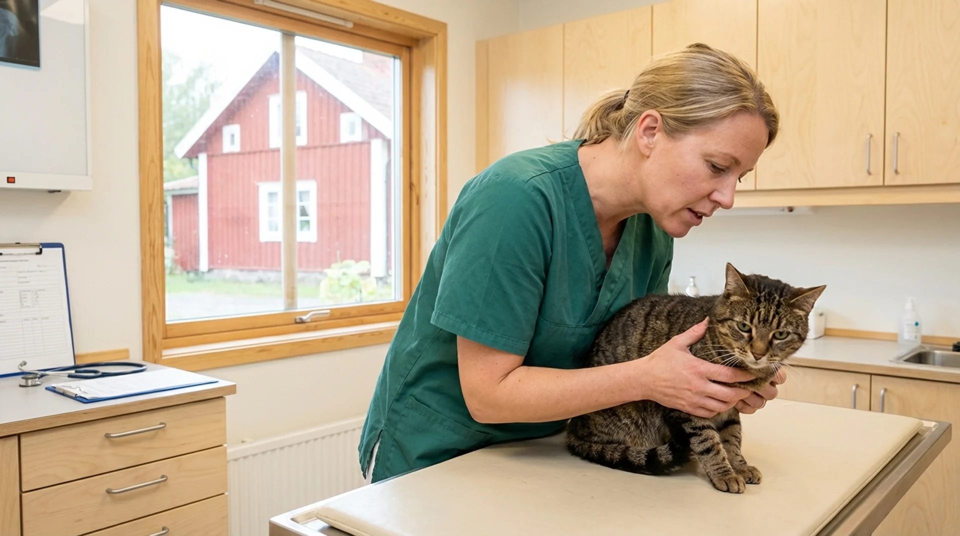 Kastration av tabby-katt — veterinär undersöker katten på svensk klinik inför ingreppet