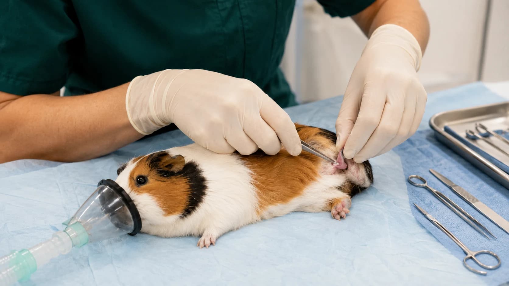 Veterinär utför hankastration på sövd tricolor-marsvin med liten narkosmask kvar över nosen