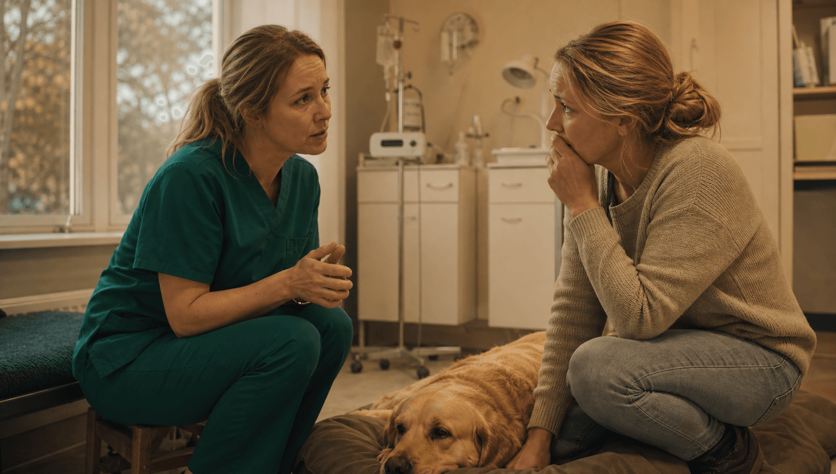 Veterinär i gröna scrubs samtalar om kejsarsnitt och förlossningsproblem hos hund.