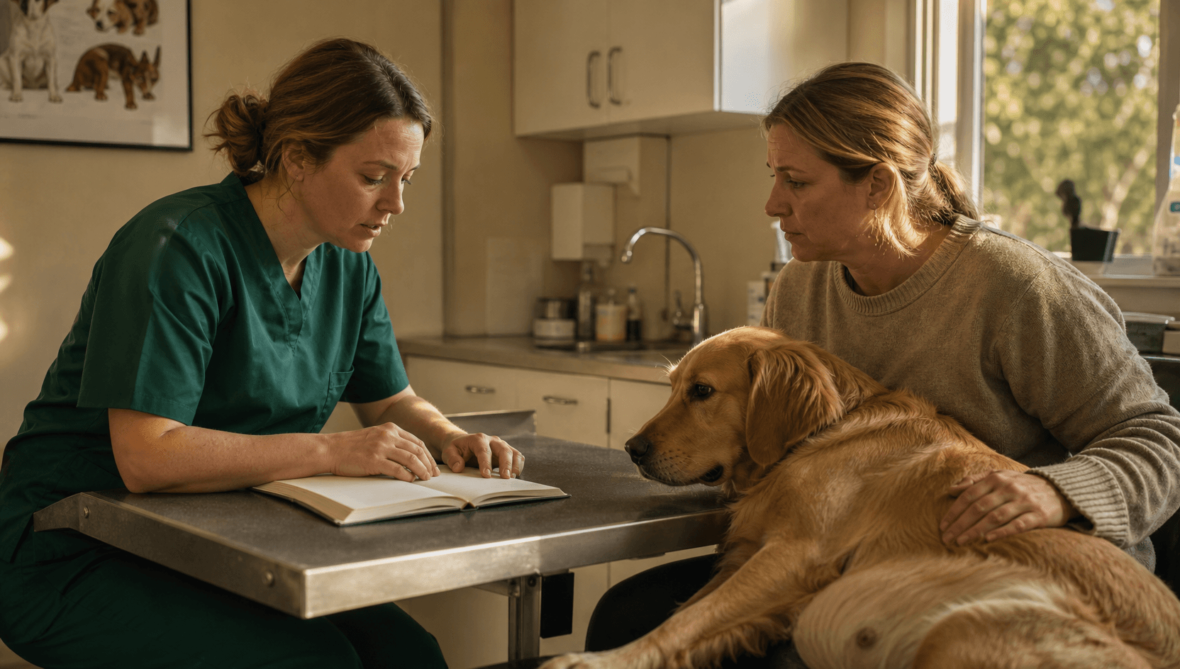 Veterinär i gröna scrubs går igenom förlossningsplan inför kejsarsnitt hos hund.