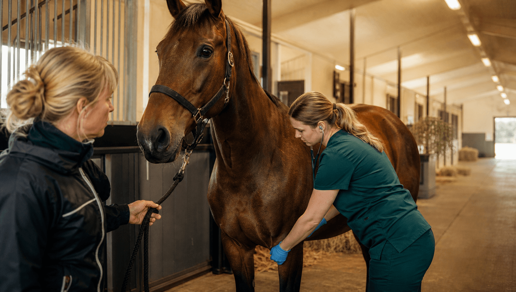 Hästveterinär undersöker sto vid misstänkt stoppad fölning och möjligt kejsarsnitt.