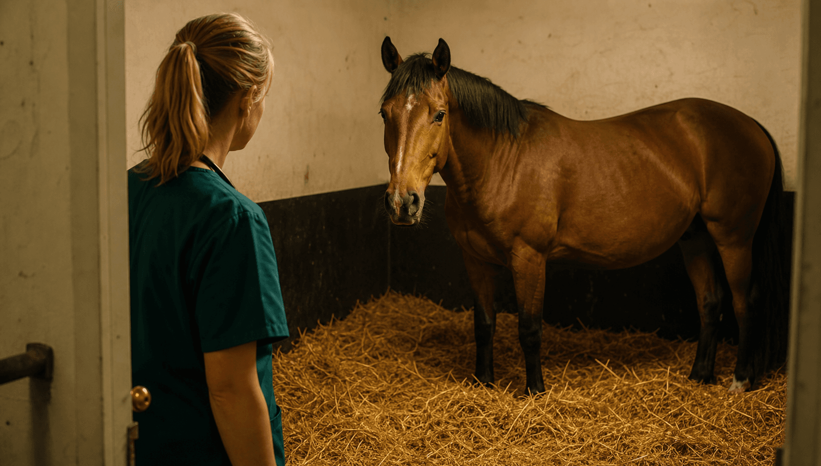 Sto i fölbox övervakas av hästveterinär vid misstänkt förlossningsproblem.