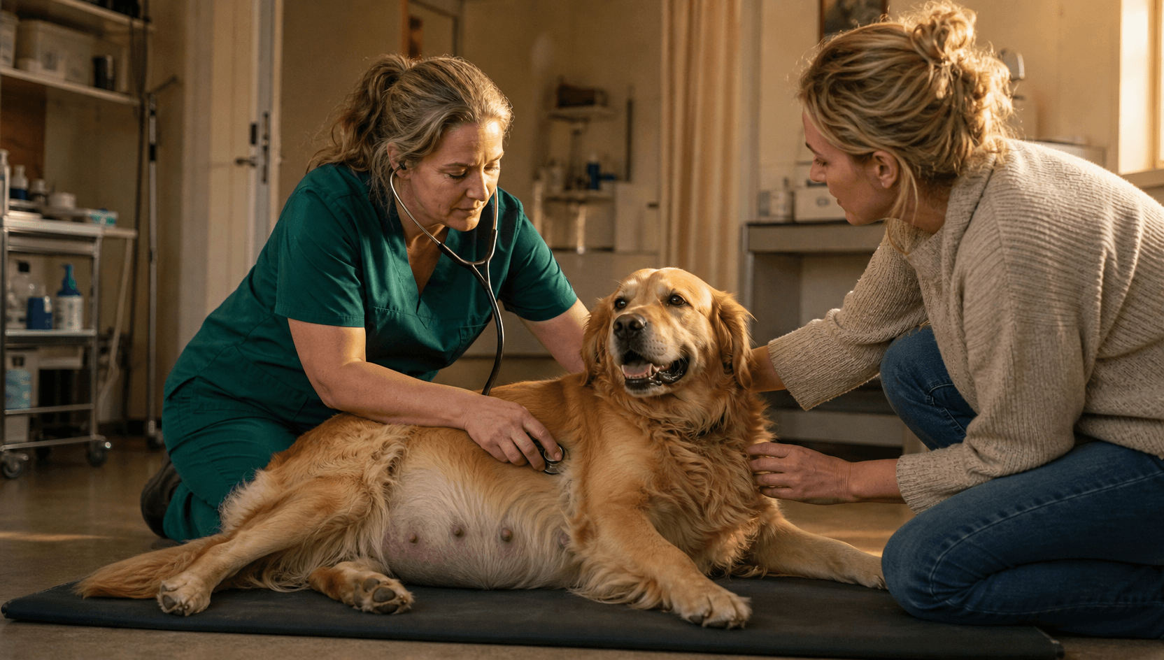 Veterinär undersöker dräktig golden retriever inför möjligt kejsarsnitt hos hund.
