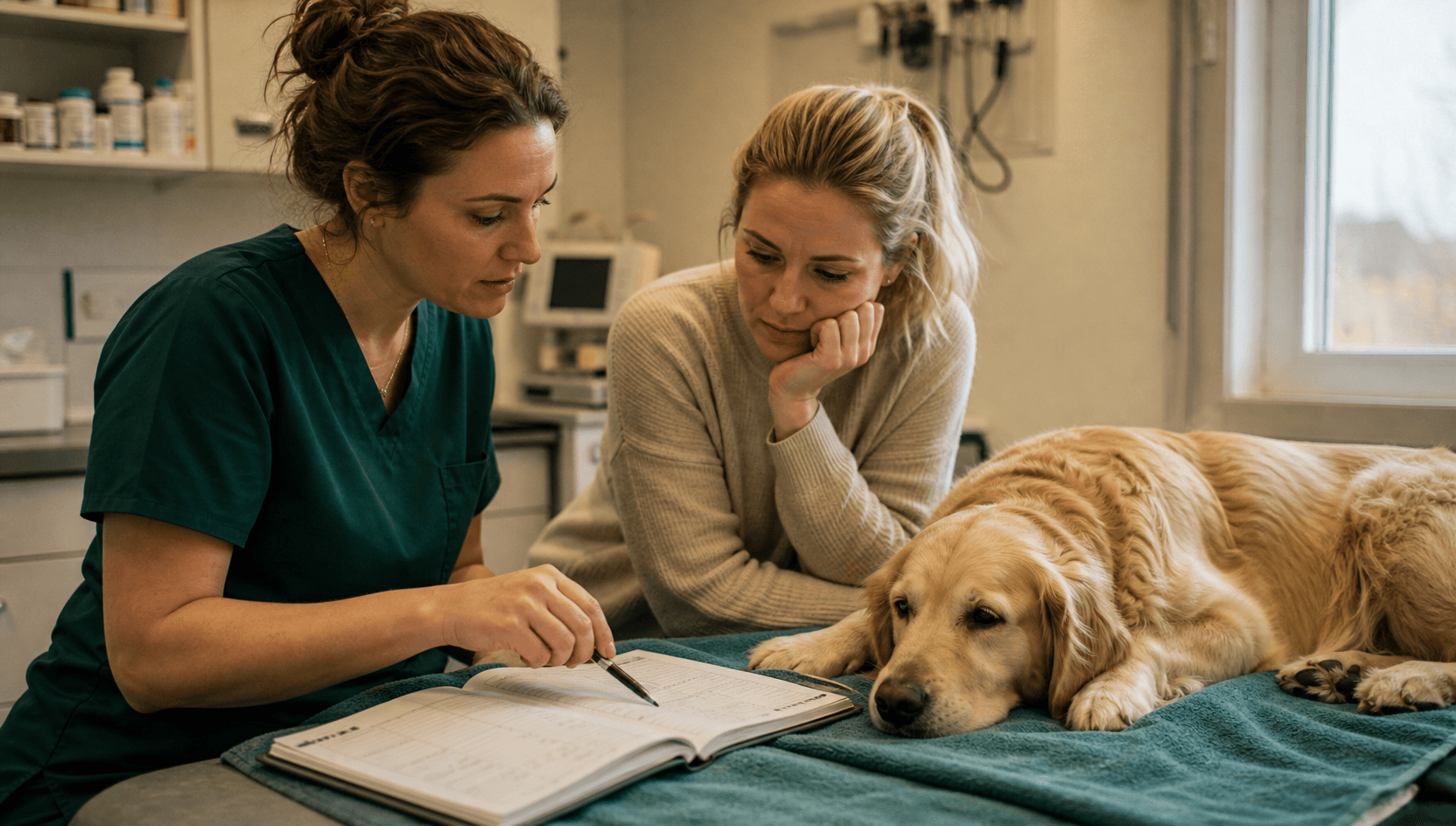 Veterinär och hundägare går igenom valpningslogg inför möjligt kejsarsnitt hos hund.