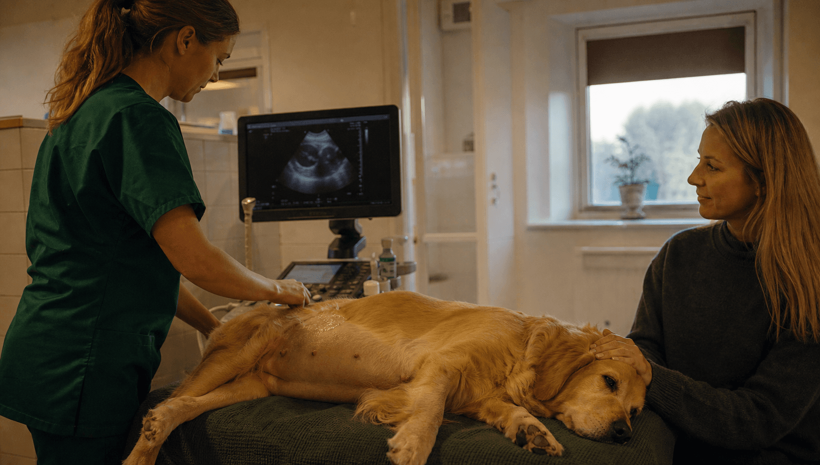 Veterinär gör ultraljud på dräktig hund inför beslut om kejsarsnitt.