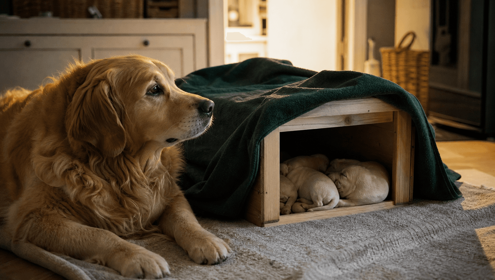 Tik vilar hemma bredvid varm valplåda efter kejsarsnitt hos hund.