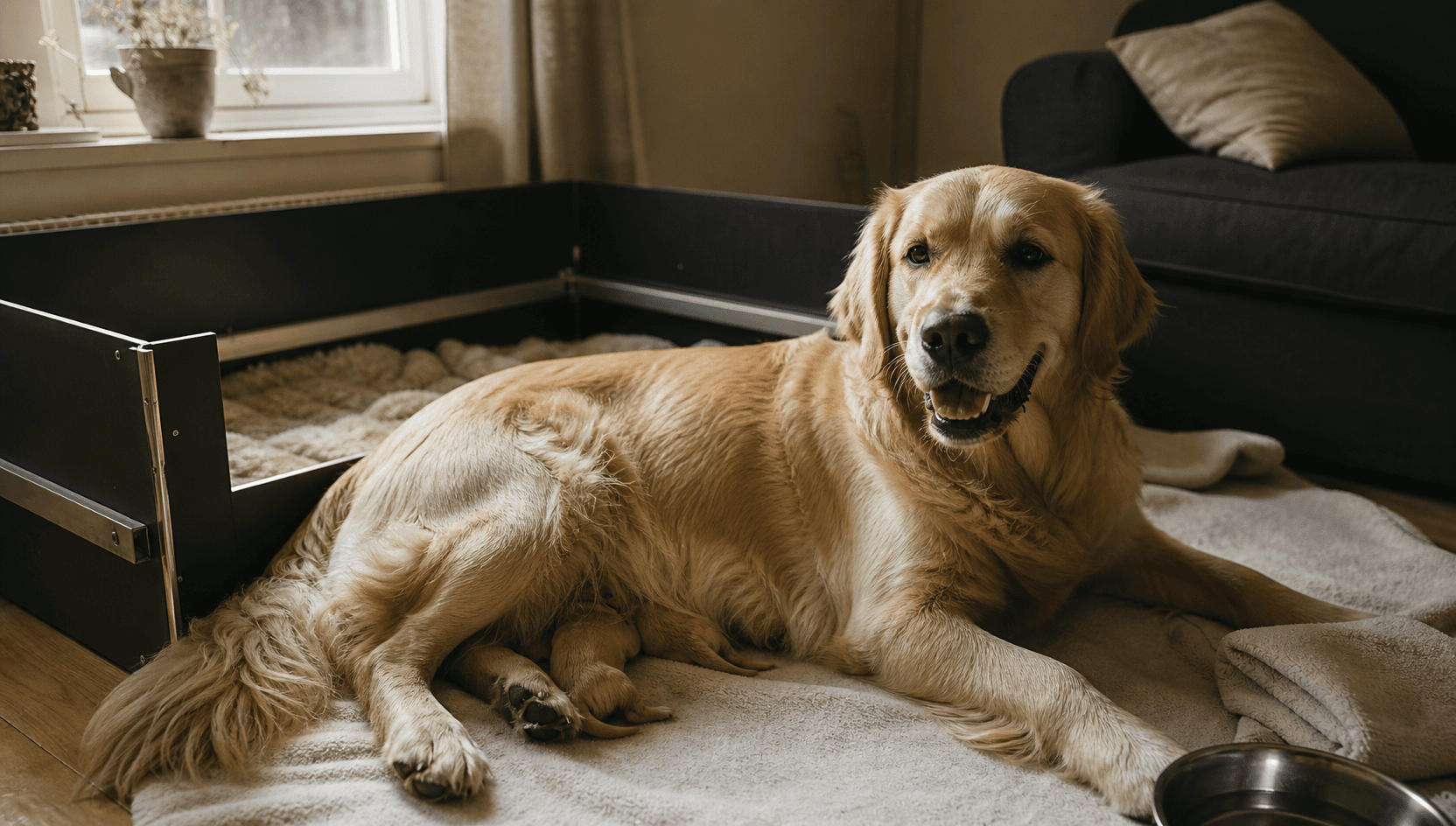 Tik vilar hemma bredvid varm valplåda efter kejsarsnitt hos hund.