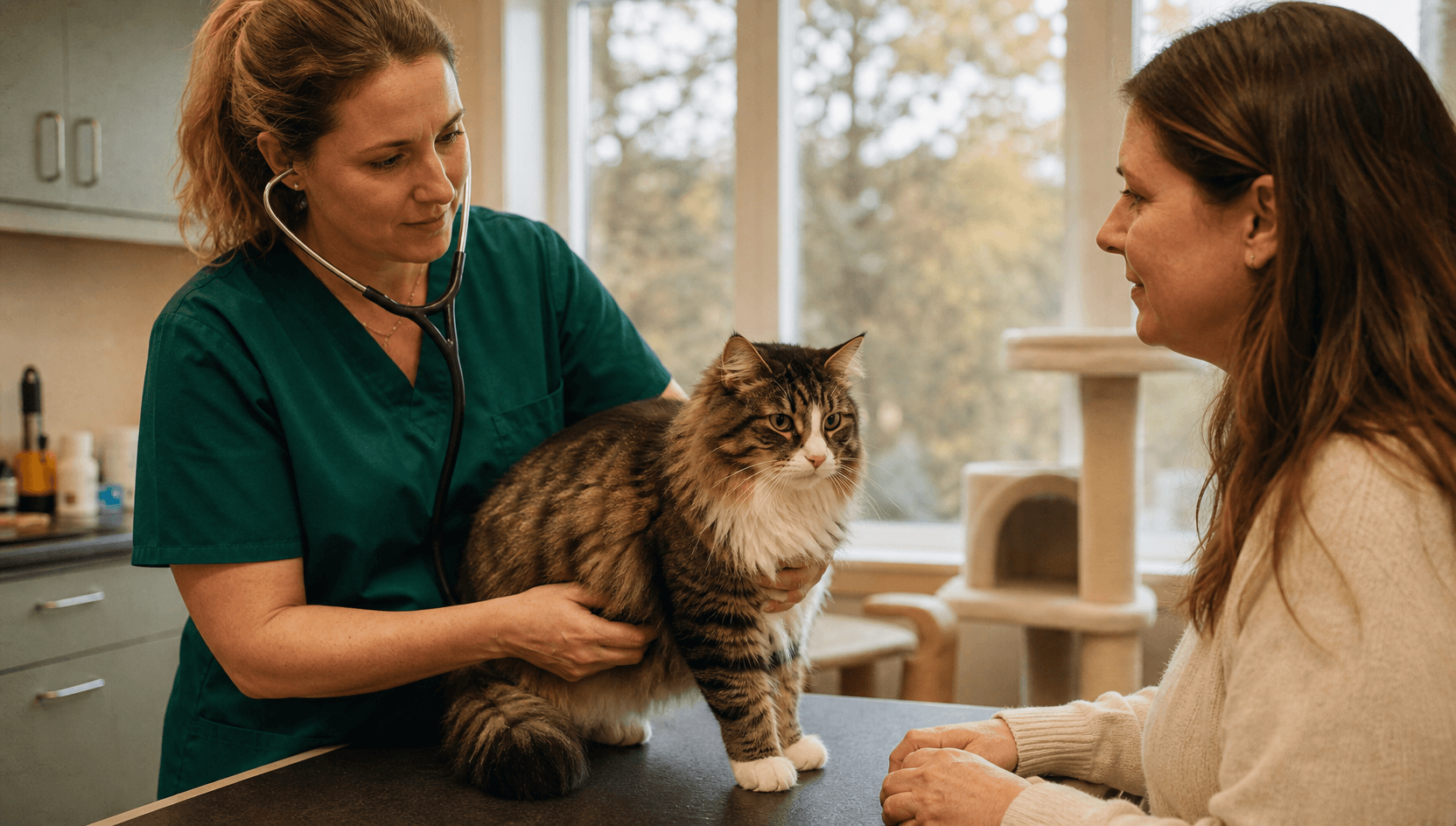Veterinär undersöker dräktig norsk skogkatt inför kejsarsnitt på katt.