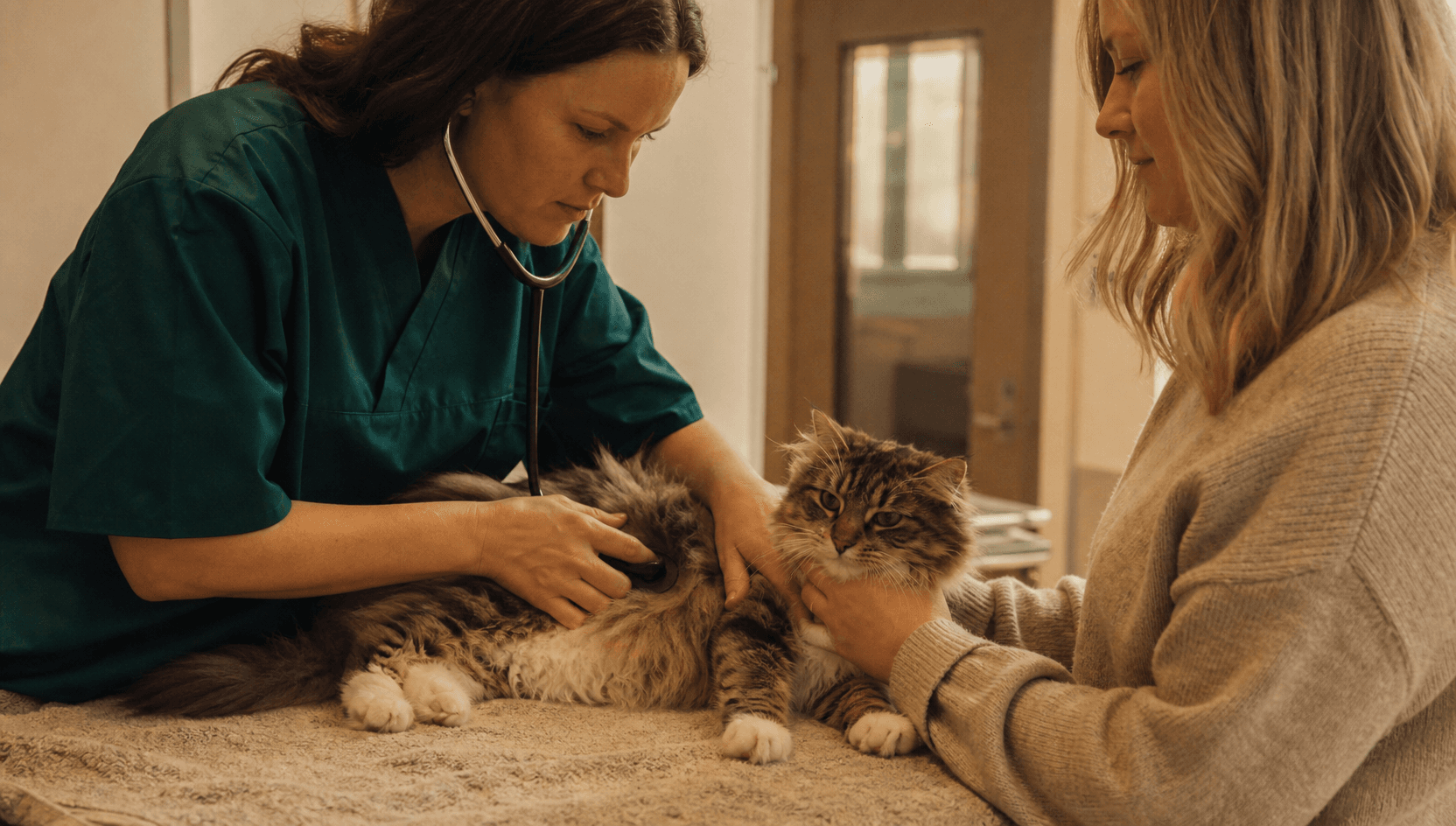 Veterinär kontrollerar dräktig katt vid misstänkta förlossningsproblem.
