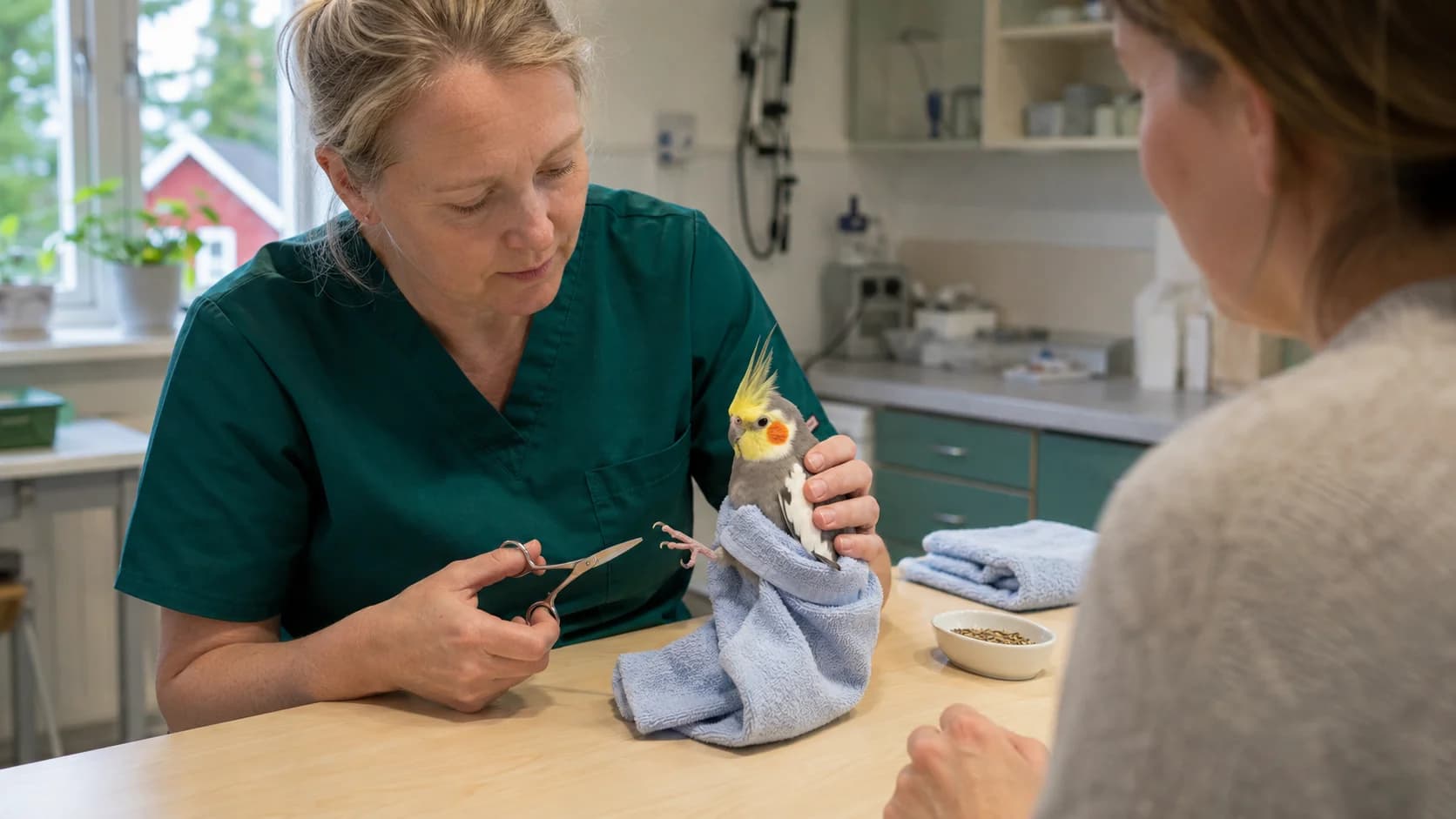 Kloklippning av nymfkakadua med precisionssax och mjuk handduksgrepp hos veterinär