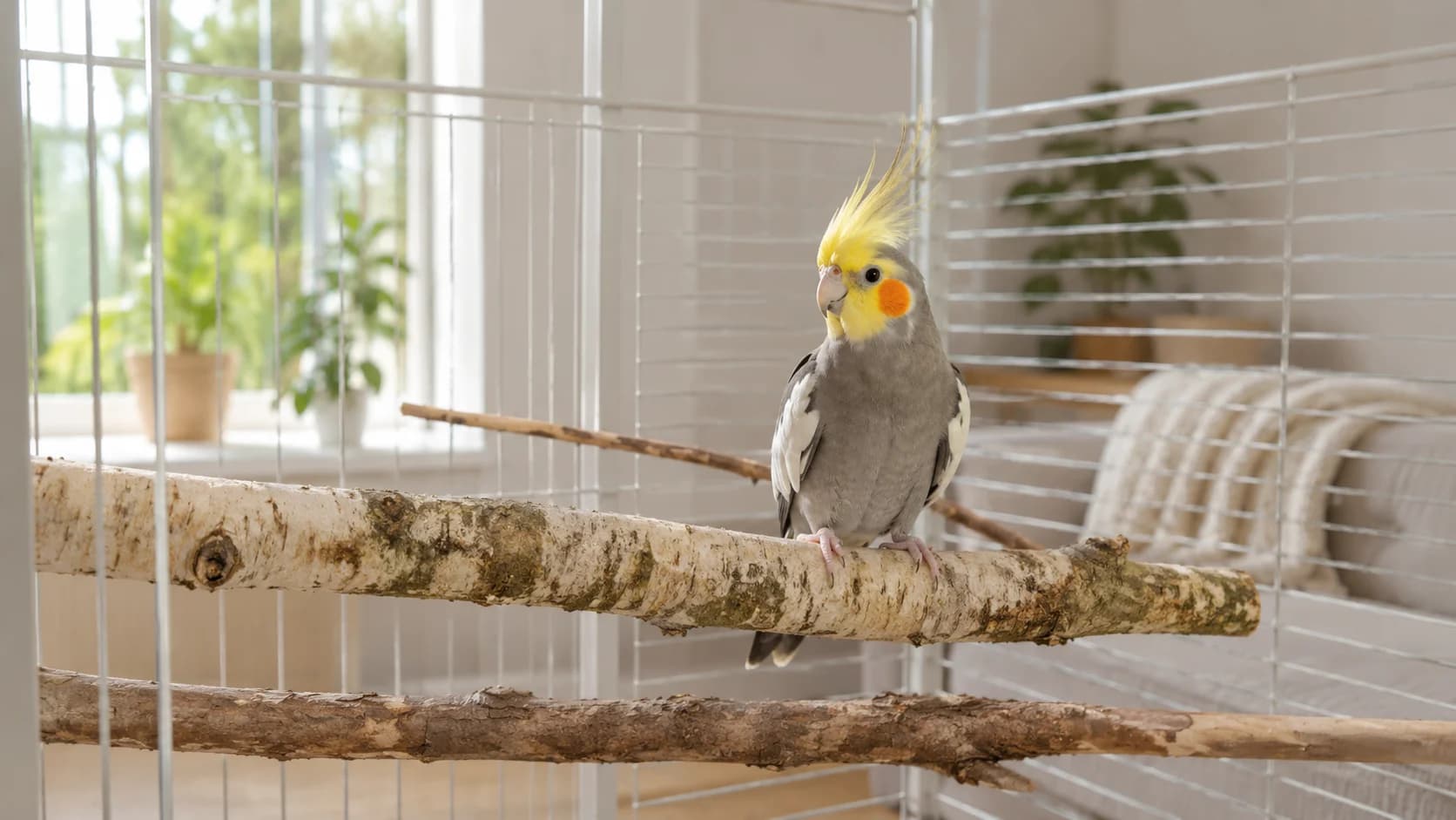 Frisk nymfkakadua på naturlig pinne i hemmet med välslitna klor i lagom längd