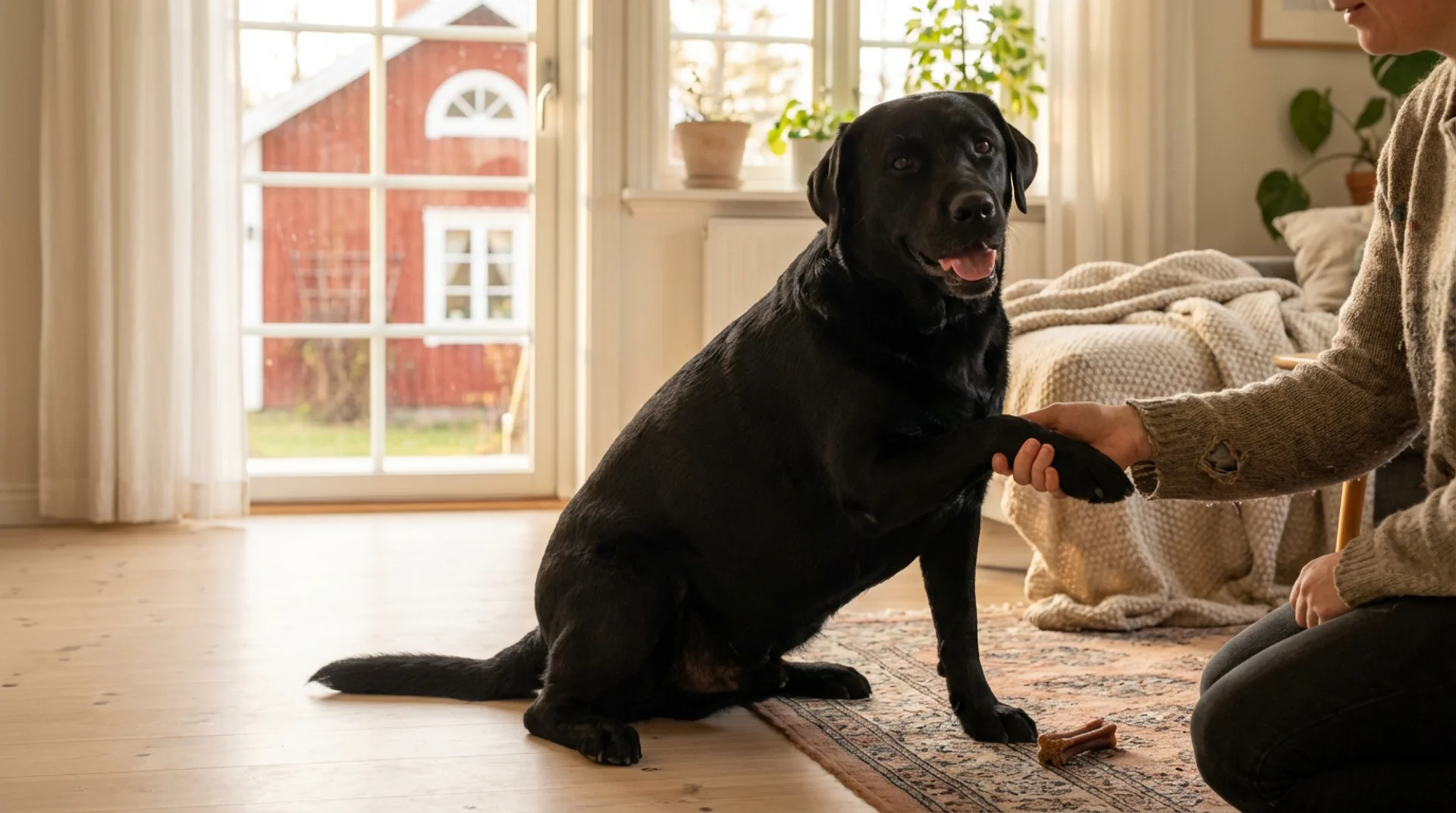 Kloklippning av hund — lugn svart labrador räcker fram tassen frivilligt hemma i svenskt vardagsrum