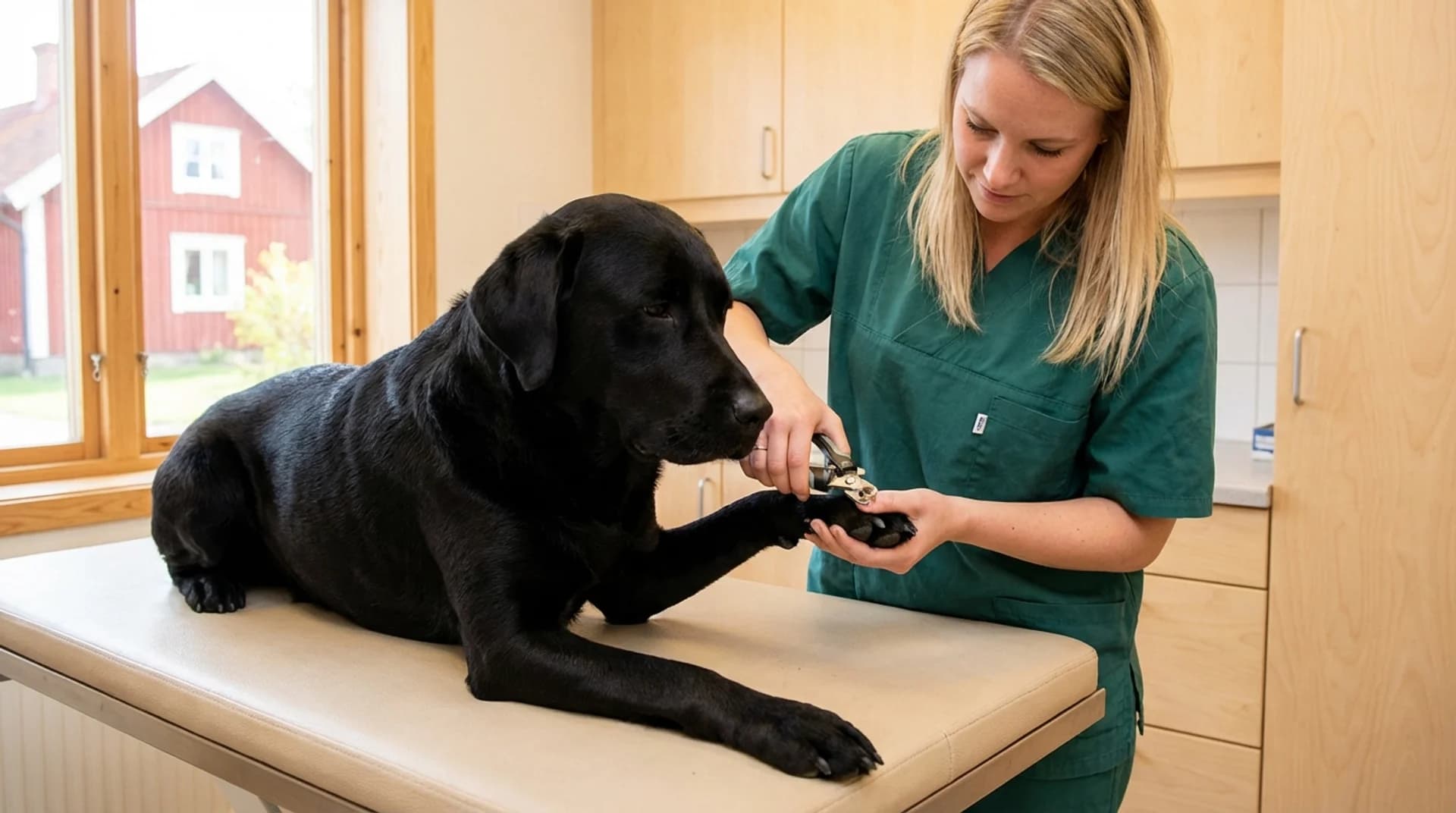Kloklippning av svart labrador — veterinär klipper mörka klor försiktigt på svensk klinik