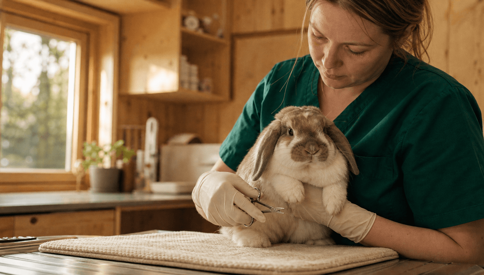 Kloklippning för kanin — Holland Lop hålls varsamt medan veterinär klipper en klo med kirurgsax