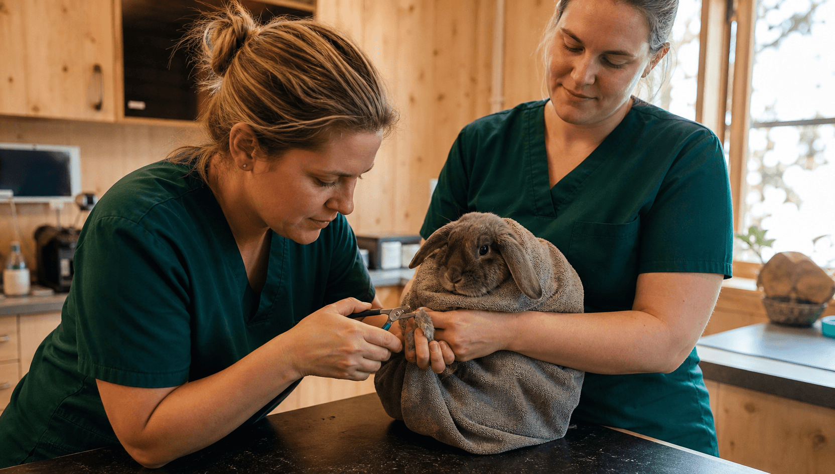 Veterinär i mörkgröna skrubbar håller försiktigt en lugn grå Holland Lop-kanin insvept i en mjuk handduk och klipper en framtass-klo med en liten klosax medan en assistent steadar.