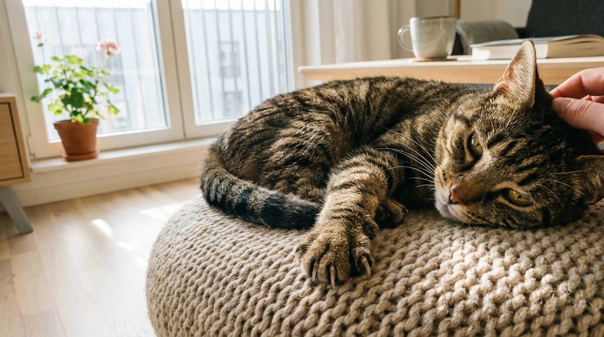 Kloklippning av äldre katt — tabby vilar avslappnat på stickad kudde hemma efter klippet
