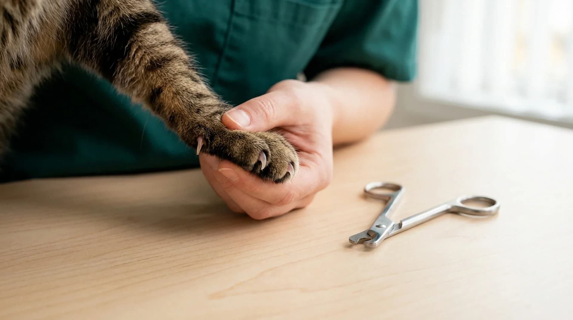 Kloklippning av katt — närbild på tabby-tass med utdragna klor och kattklotång