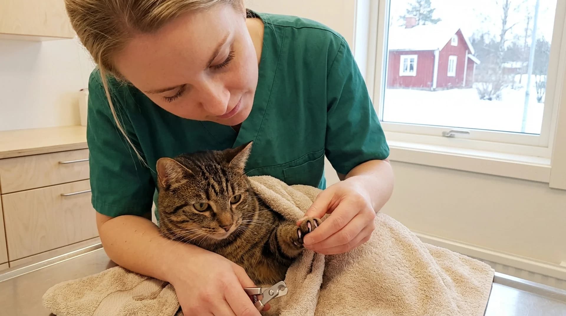 Kloklippning av tabby-katt — veterinär klipper klorna försiktigt på svensk klinik