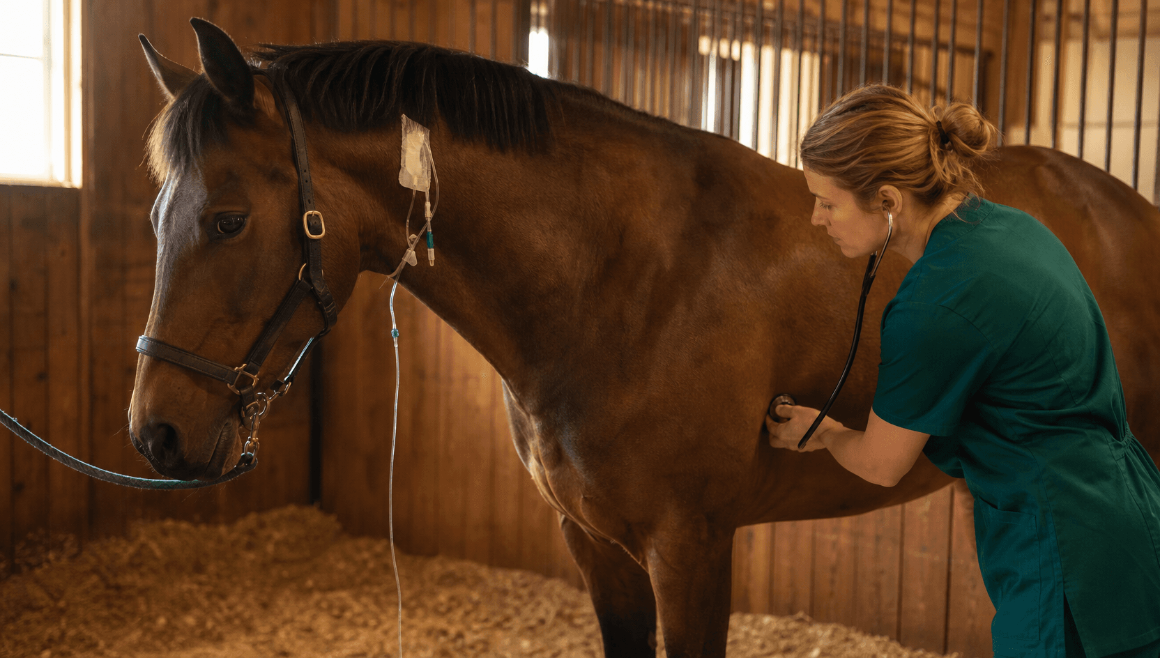 Kolikbehandling — veterinär auskulterar bay-hästens buk med stetoskop, IV-droppet redan på plats