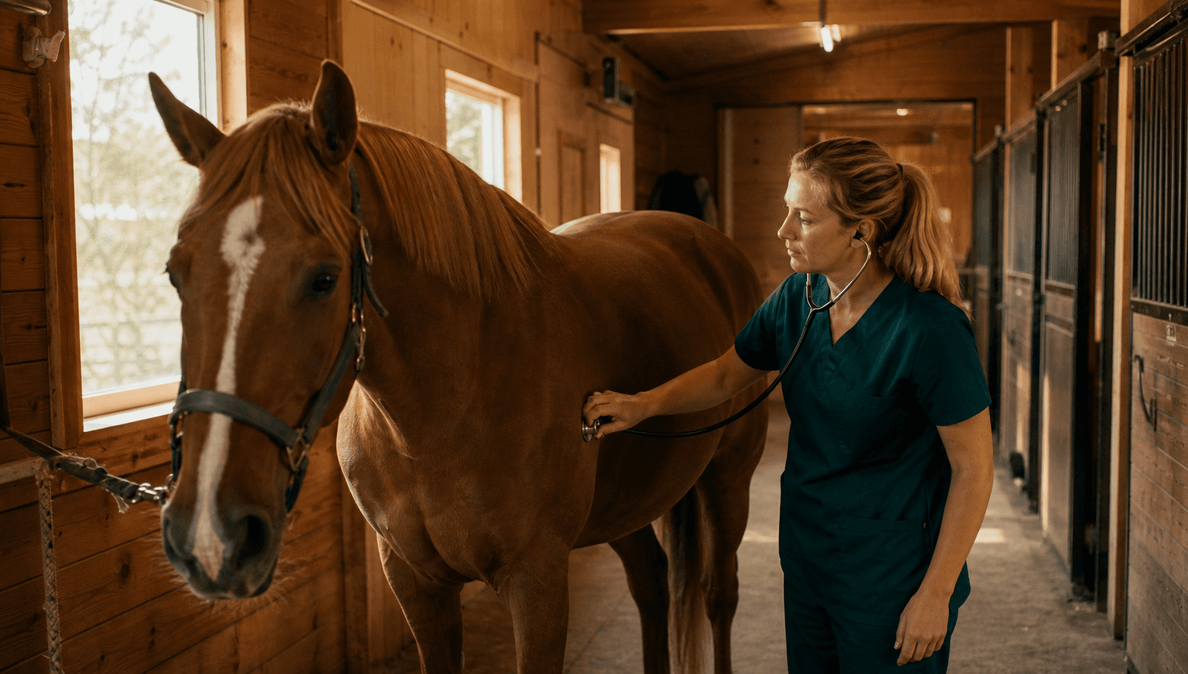 Veterinär i mörkgröna skrubbar lyssnar lugnt på buken på en fux svensk varmblodshäst i en stallgång med stetoskop.