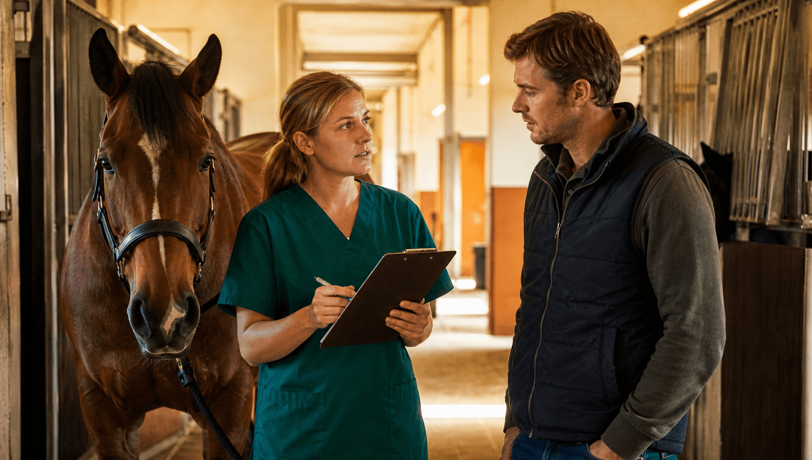 Veterinär och köpare samtalar vid en lugn häst inför köpbesiktning.
