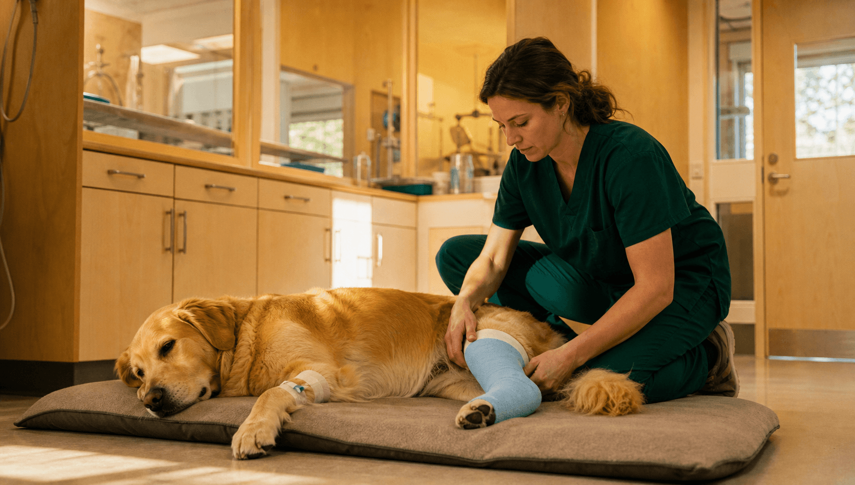 Korsbandsskada-operation — golden retriever vilar med postoperativt bandage efter knäledsoperation