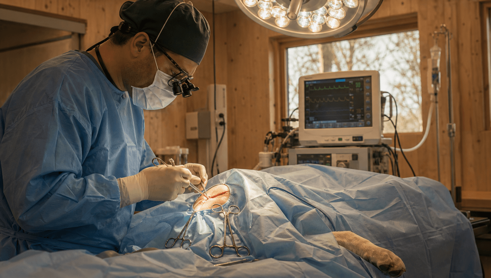 Veterinär-kirurg i sterilt blått draperi och tandförstoringsglas arbetar i ett fenestrerat operationsfönster över knäleden i en svensk operationssal.