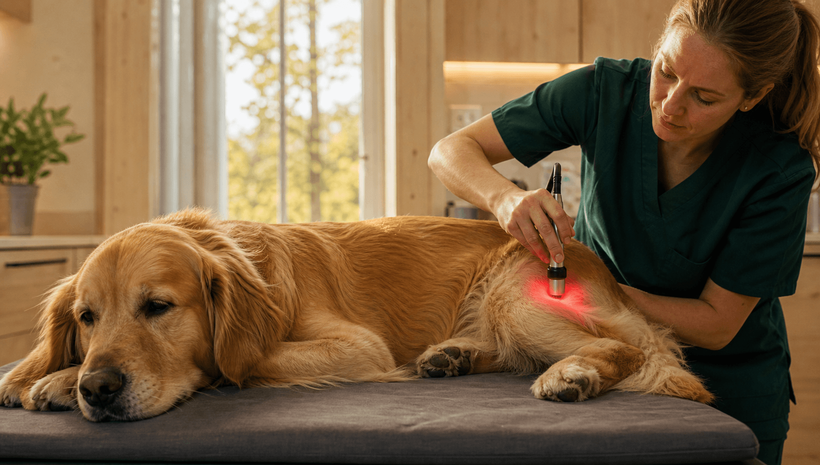 Laserterapi — veterinär applicerar handhållen kallaserprob med röd glöd över golden retrievers höftled