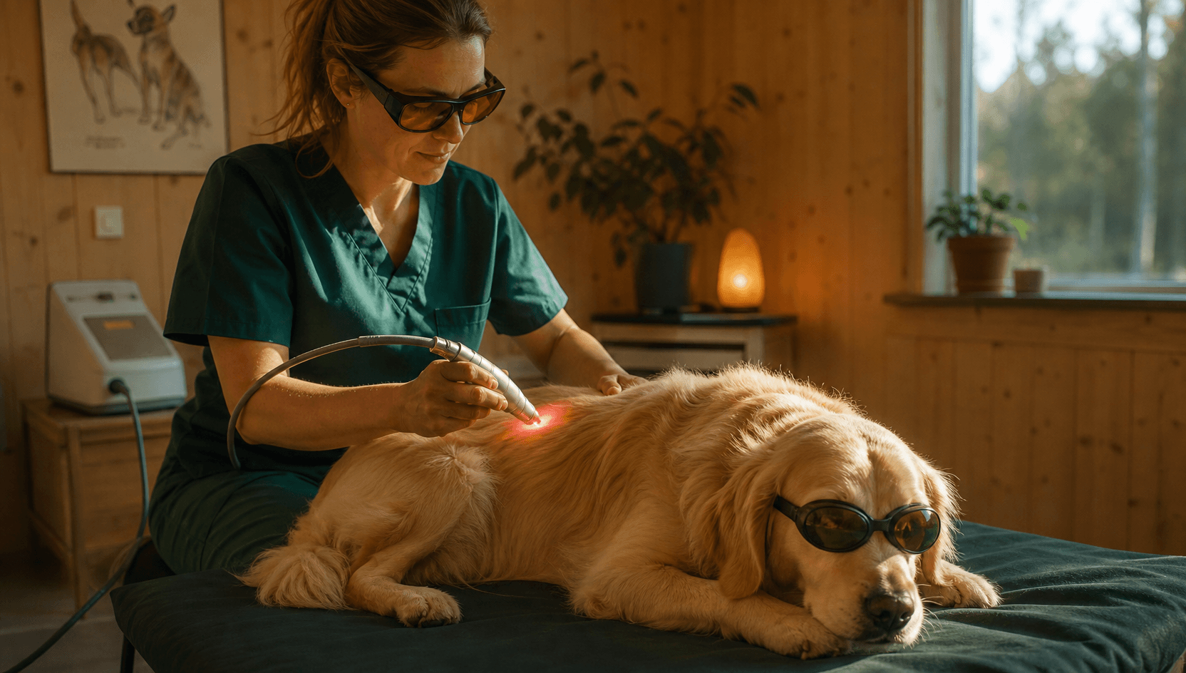 Veterinär i mörkgröna skrubbar och bärnstensfärgade laserskyddsglasögon för en handhållen terapilaserprob över ryggen på en lugn gul golden retriever på en mjuk matta — hunden bär små skyddsglasögon.
