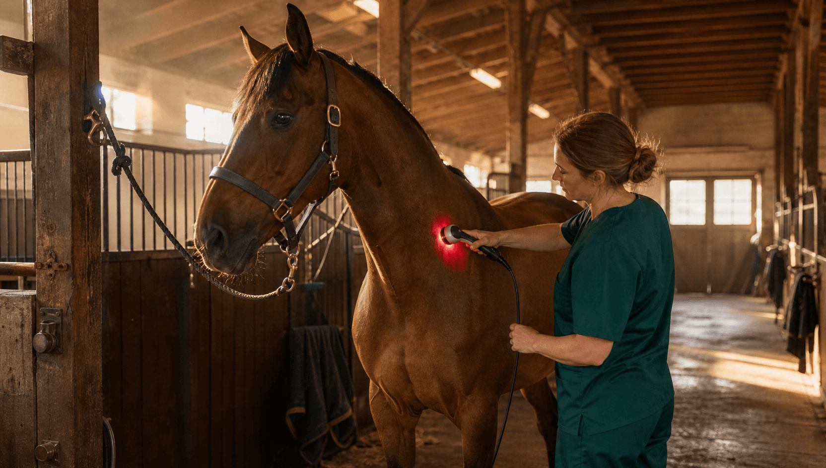 Laserterapi för häst — veterinär applicerar kallaserprob med röd glöd över bay-hästens hovled