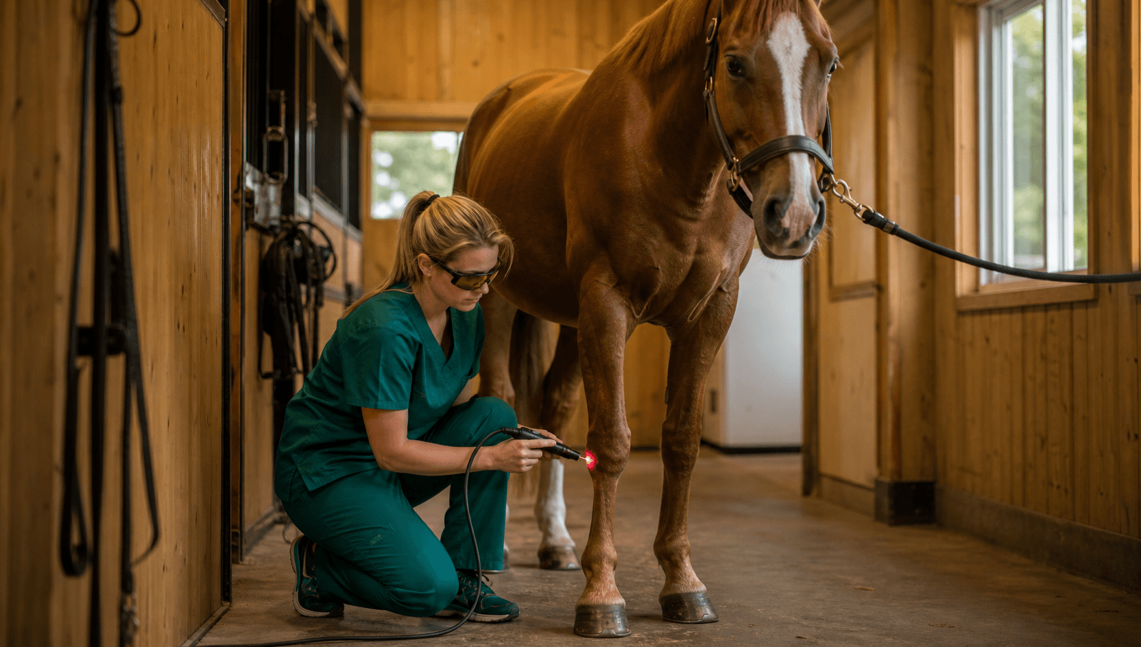 Veterinär i mörkgröna skrubbar och bärnstensfärgade laserskyddsglasögon står lugnt vid en fux svensk varmblodshäst i en stallgång och för en handhållen terapilaserprob längs senorna på frambenet.