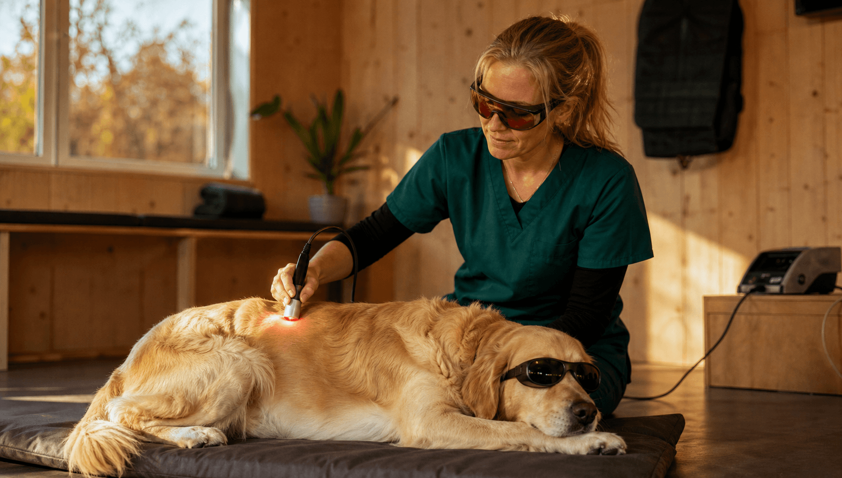 Veterinär i mörkgröna skrubbar och bärnstensfärgade laserskyddsglasögon för en handhållen terapilaserprob över höften på en lugn gul golden retriever på en mjuk matta — hunden bär små skyddsglasögon.