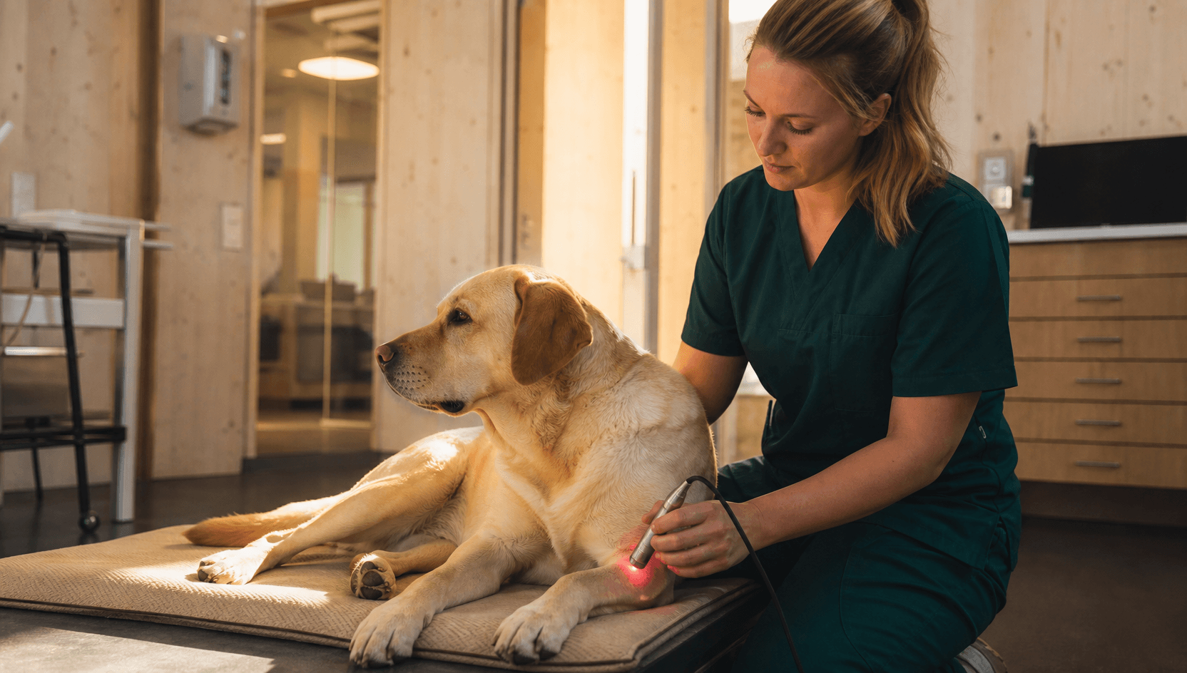 Laserterapi för hund — veterinär applicerar kallaserprob med röd glöd över yellow labradors armbåge