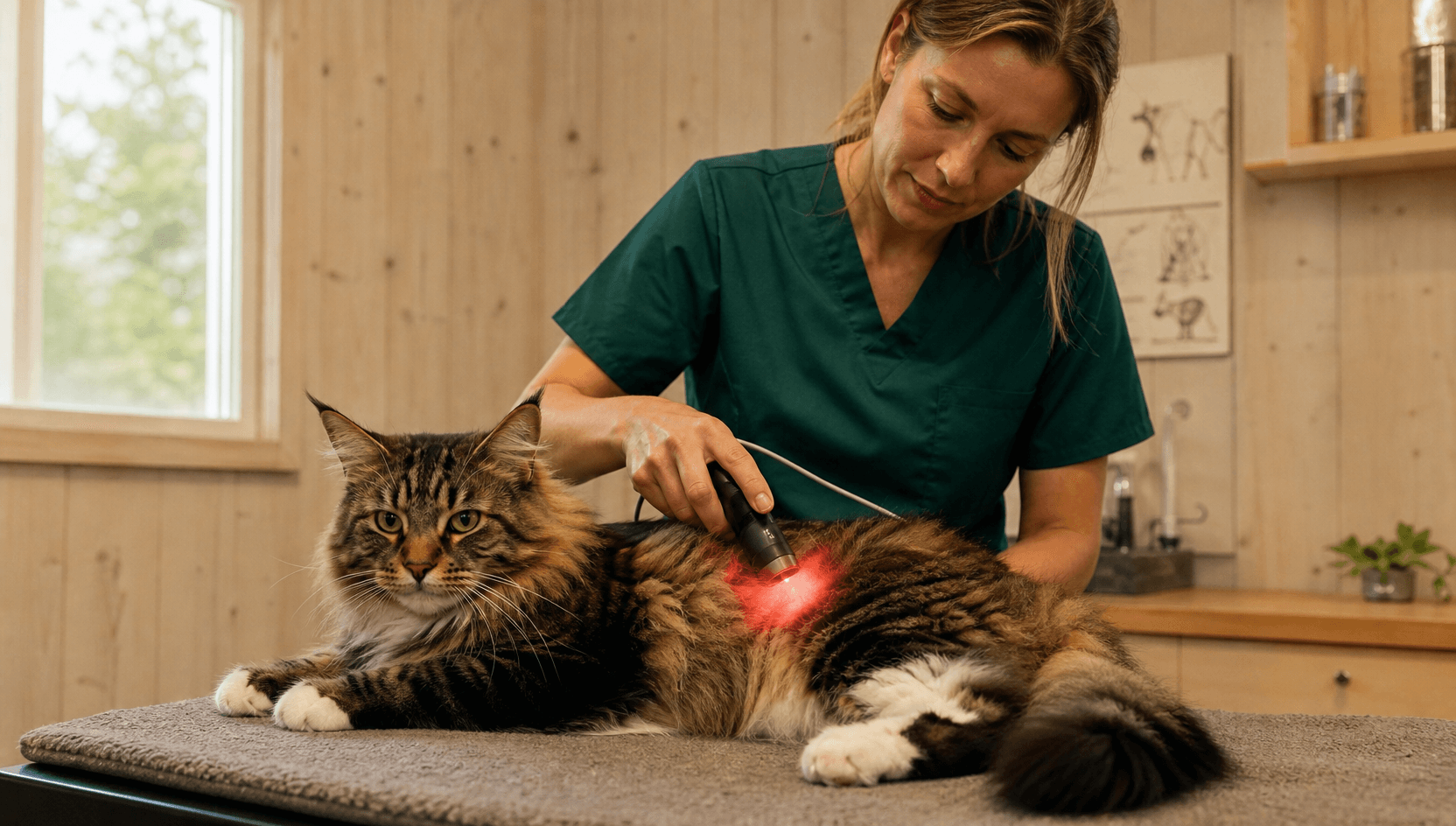 Laserterapi för katt — veterinär applicerar kallaserprob med röd glöd över skogskatts höft