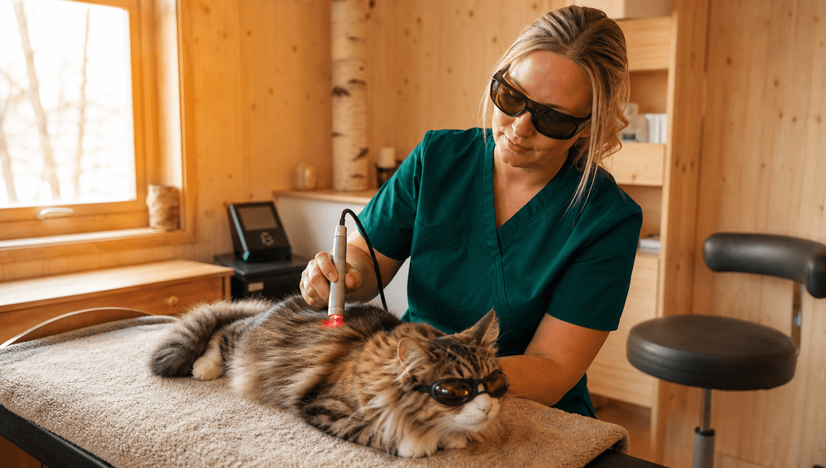 Veterinär i mörkgröna skrubbar och bärnstensfärgade laserskyddsglasögon för en handhållen terapilaserprob över ryggen på en lugn skogskatt på en mjuk handduk — katten bär små skyddsglasögon.