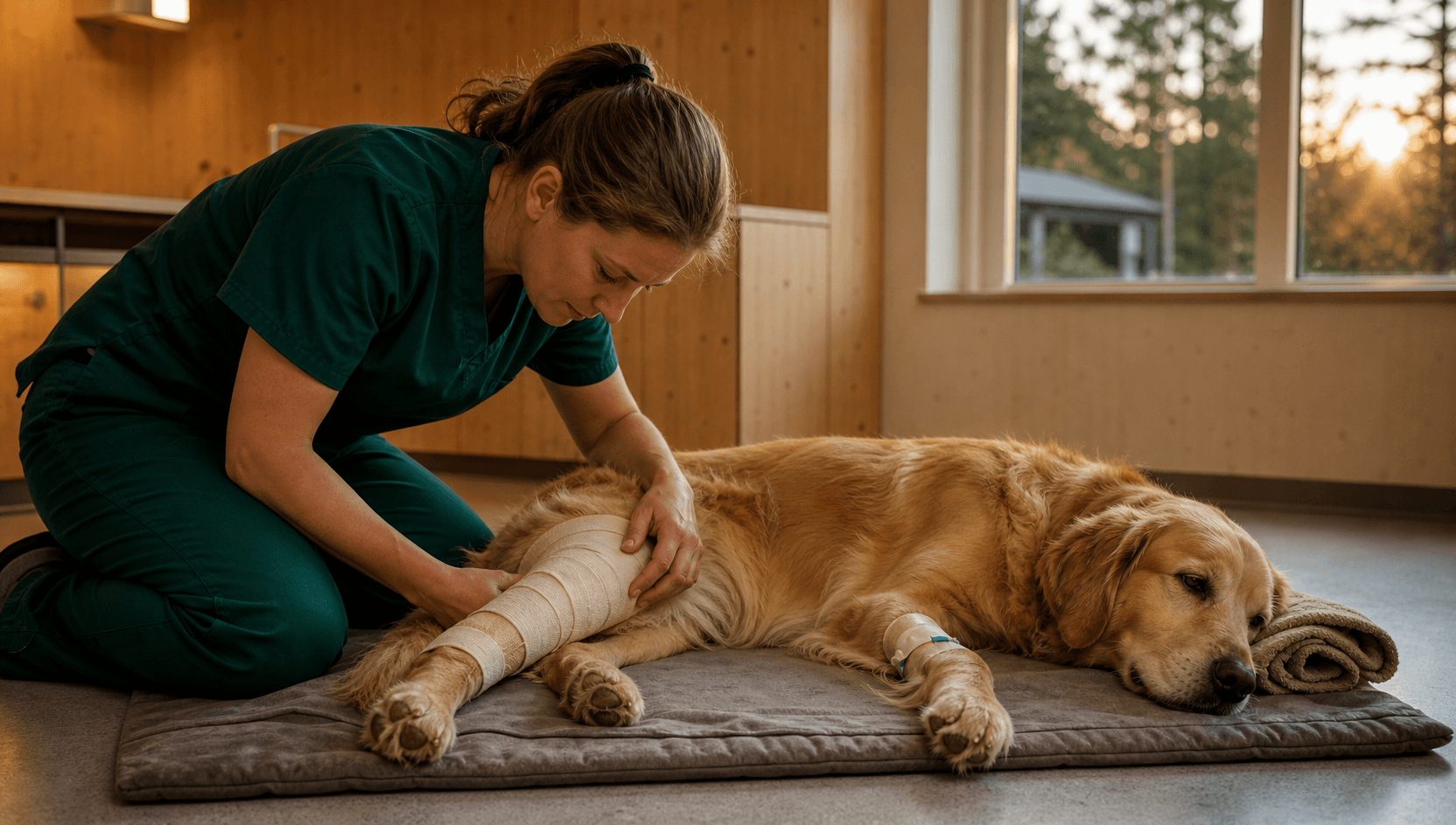Hund vilar med rent bandage medan veterinär kontrollerar återhämtning efter ledoperation.