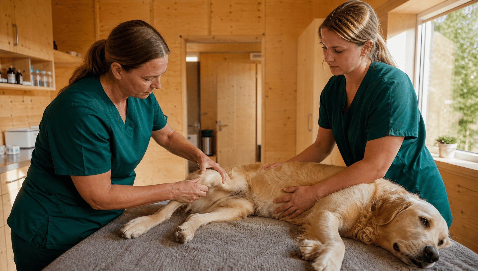 Veterinär undersöker knäleden på en lugn hund inför ledkirurgisk bedömning.