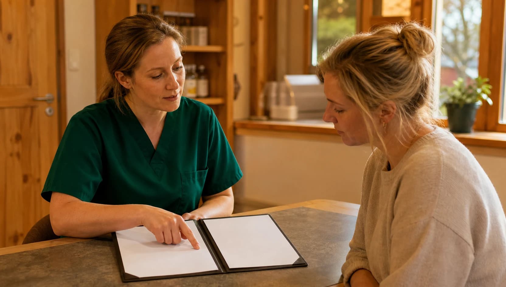 Veterinär i mörkgröna scrubs förklarar pris och eftervård inför ledkirurgi.
