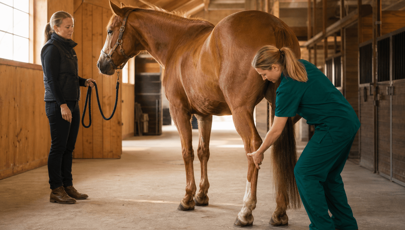 Veterinär i mörkgröna skrubbar palperar försiktigt en hasled på en lugn fux svensk varmblodshäst i en svensk stallgång medan ägaren håller grimskaftet.