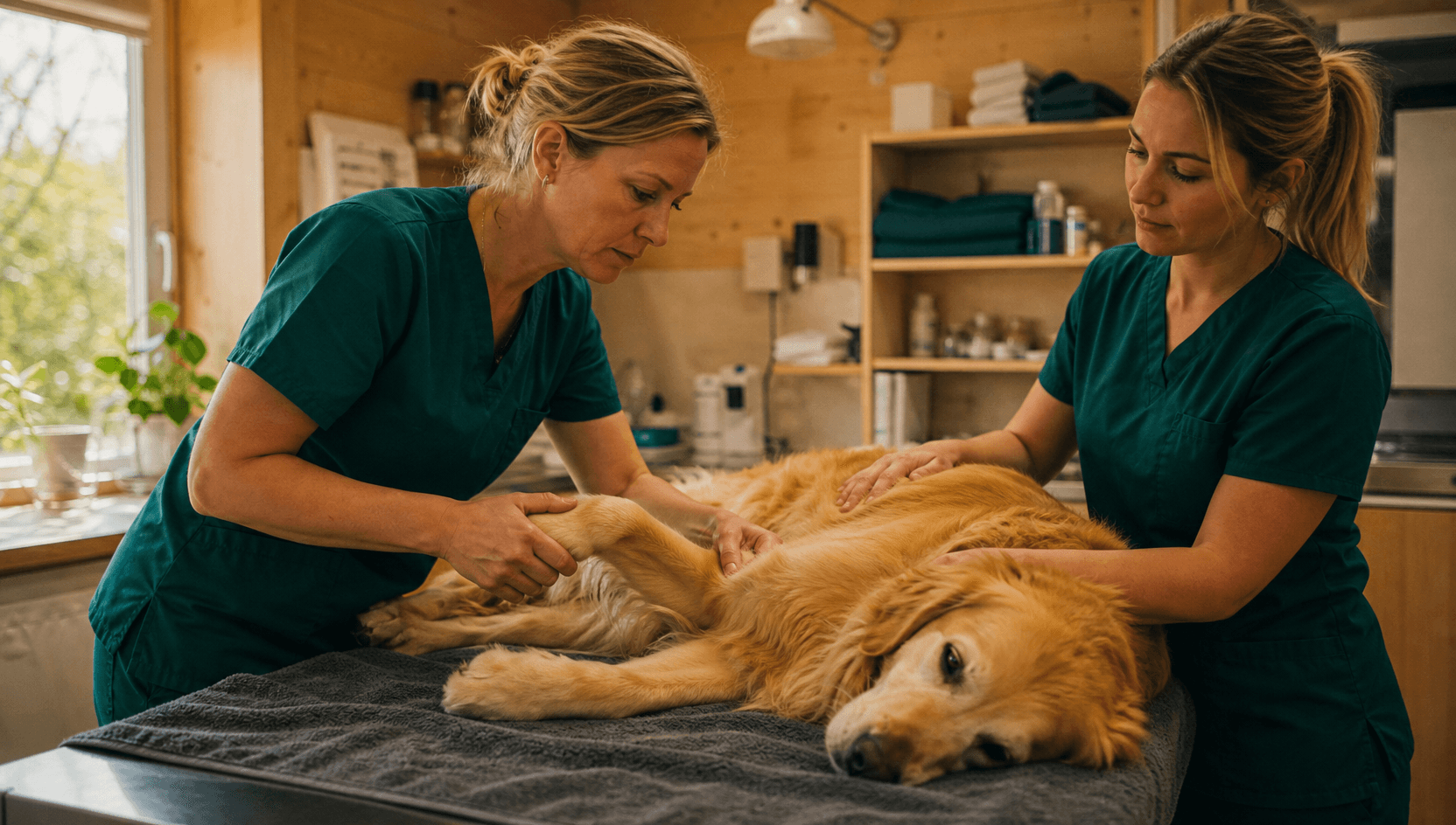 Veterinär undersöker knäleden på lugn hund inför ledkirurgi.