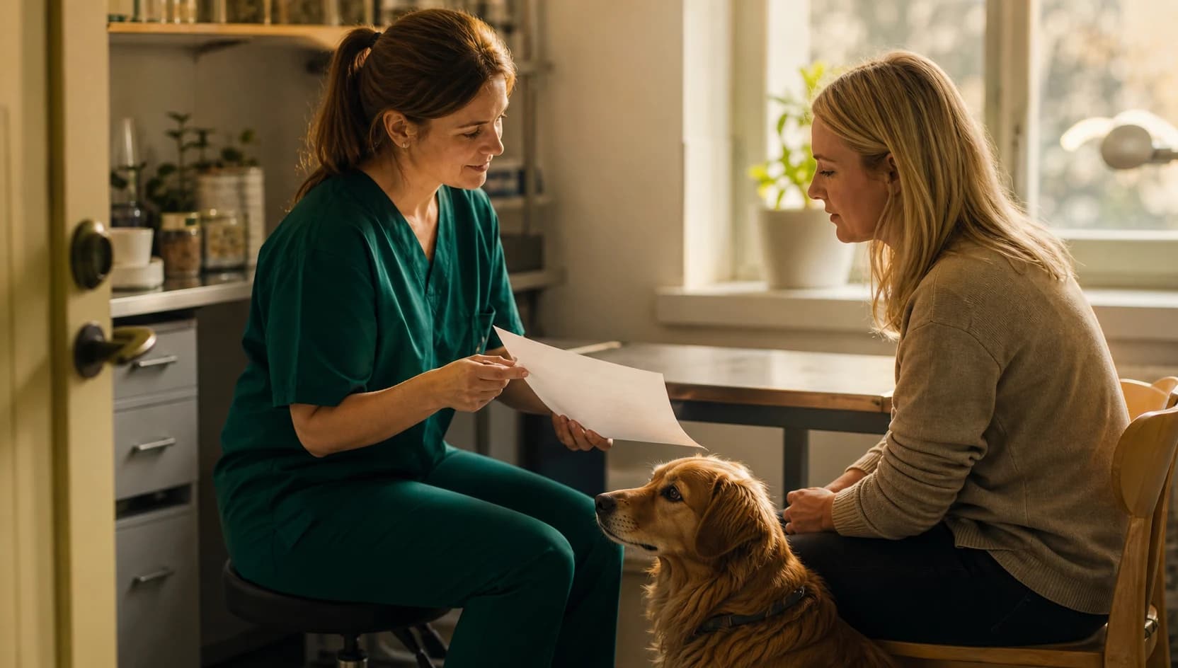 Veterinär i mörkgröna scrubs förklarar pris för ledkirurgi av hund.