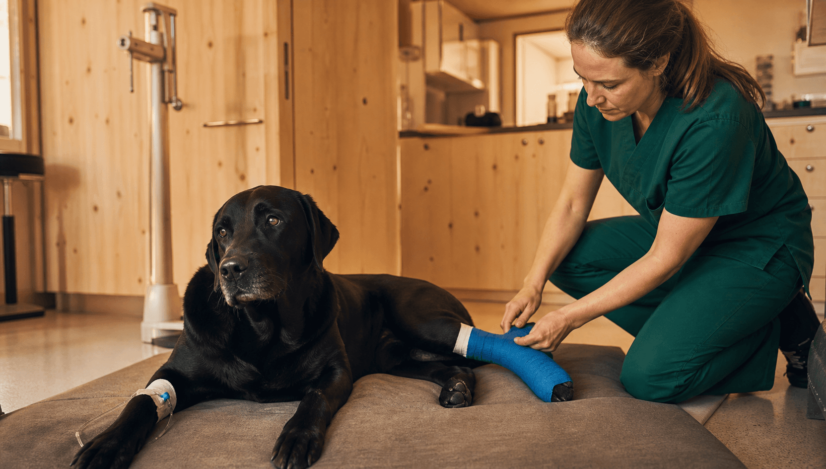Hund vilar med rent bandage efter ledkirurgi.