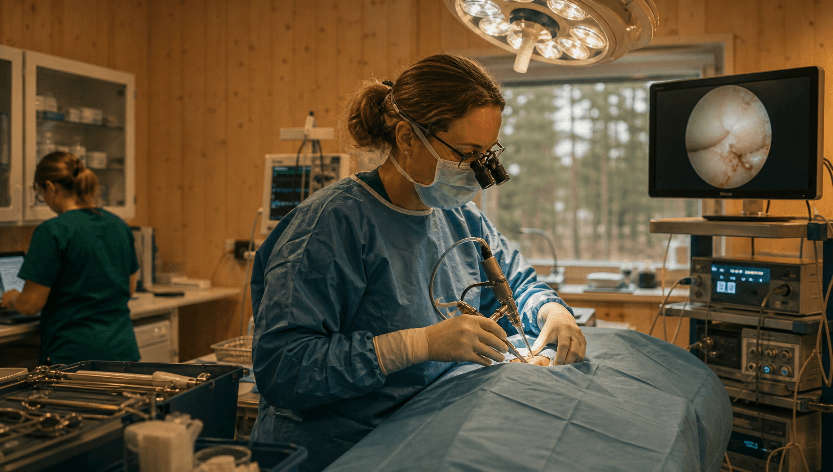 Veterinär i mörkgröna scrubs arbetar lugnt inför ledkirurgi av katt.